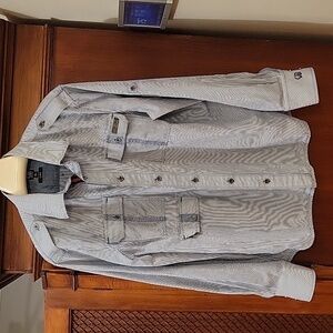 Cavi | Men's Blue White Vertical Striped Cotton Long Sleeve Dress Shirt - XL